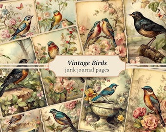 Vintage Bird Junk Journal Pages, Digital Floral Scrapbook Paper Kit, Printable Collage Sheet, Antique Animal Pages, Spring Flower Ephemera