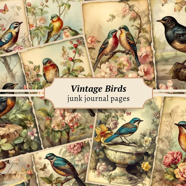 Vintage Bird Junk Journal Pages, Digital Floral Scrapbook Paper Kit, Printable Collage Sheet, Antique Animal Pages, Spring Flower Ephemera