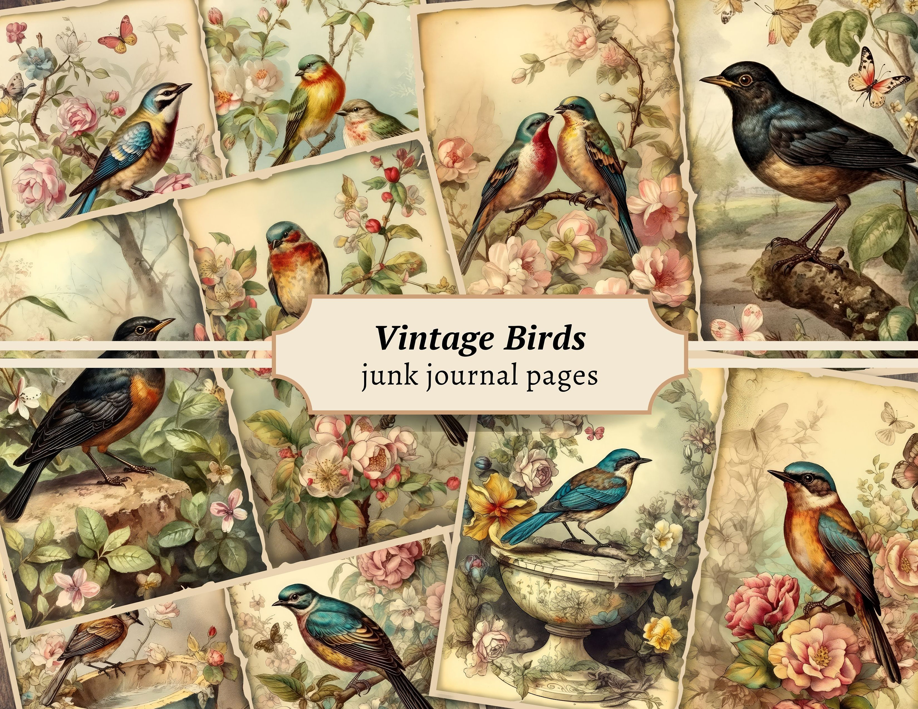 Vintage Bird Junk Journal Pages, Digital Floral Scrapbook Paper Kit ...