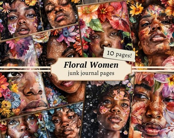 Floral Black Women Junk Journal Pages, Digital Scrapbook Paper Kit, African American Printable, Vintage Collage Sheet, Flower Lady Download