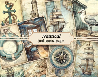 Vintage Nautical Junk Journal Pages, Digital Scrapbook Paper Kit, Printable Collage Sheet, Sea Ephemera, Shabby Chic Beach, Marine Download