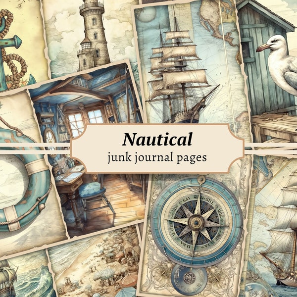 Vintage Nautical Junk Journal Pages, Digital Scrapbook Paper Kit, Printable Collage Sheet, Sea Ephemera, Shabby Chic Beach, Marine Download