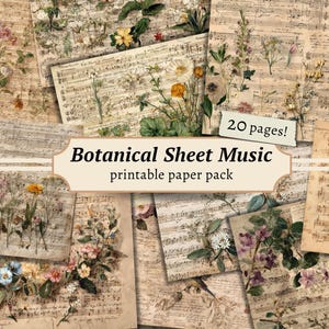 Botanische bladmuziek Afdrukbaar papierpakket, oude ongewenste dagboekpagina, digitale plakboekachtergrond, antieke textuurkit, vintage collageblad