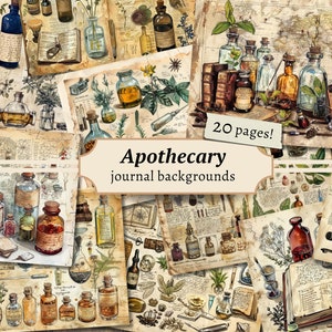 Achtergronden apotheker, Mystic Potion Junk Journal-pagina's, digitale plakboekkit, afdrukbare kruiden, collageblad botanische apotheek