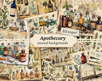 Apothecary Backgrounds, Mystic Potion Junk Journal Pages, Digital Scrapbook Paper Kit, Herbal Printable, Botanical Pharmacy Collage Sheet
