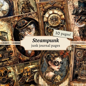 Steampunk Junk-dagboekpagina's, digitale plakboekkit, Victoriaanse afdrukbare, mechanische kaarten, vintage ephemera, industrieel collageblad