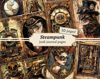 Steampunk Junk-dagboekpagina's, digitale plakboekkit, Victoriaanse afdrukbare, mechanische kaarten, vintage ephemera, industrieel collageblad