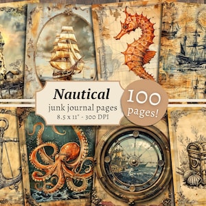 Nautische ongewenste dagboekpagina's, digitale plakboekkit, afdrukbaar oceaan, zeeachtergrond, vintage boten, collageblad, kustzeeschip