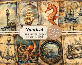 Nautical Junk Journal Pages, Digital Scrapbook Paper Kit, Ocean Printable, Sea Background, Vintage Boats, Collage Sheet, Coastal Marine Ship