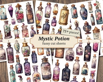 May include: A digital paper pack with 75+ watercolor illustrations of vintage potion bottles. The bottles are filled with colorful liquids and flowers. The bottles have a whimsical and magical feel.  The text "Mystic Potion fussy cut sheets" is on the image.