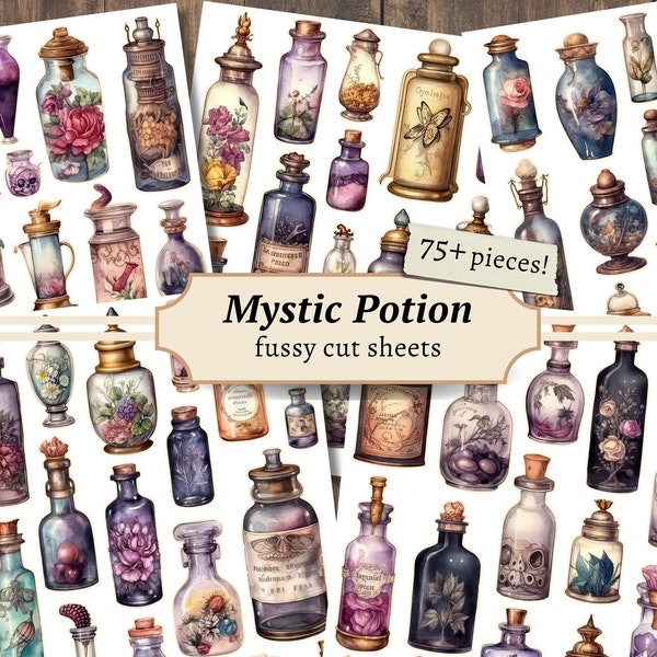 Mystic Potion Fussy Cuts, Digital Ephemera, Alchemy Printable, Magic Junk Journal Pages, Witchy Scrapbook Paper Kit, Vintage Collage Sheet