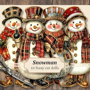 Bambole di carta pupazzo di neve, tagli elaborati di Natale, effimere digitali, stampabili vintage, immagini di diario spazzatura, adesivi per album di ritagli, foglio di collage invernale