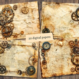 Pu&ograve; includere: Quattro sfondi di carta digitale con tema steampunk con trame di carta vintage e disegni intricati di ingranaggi. Le carte sono in tonalit&agrave; di marrone, beige e crema con testo scritto a mano.
