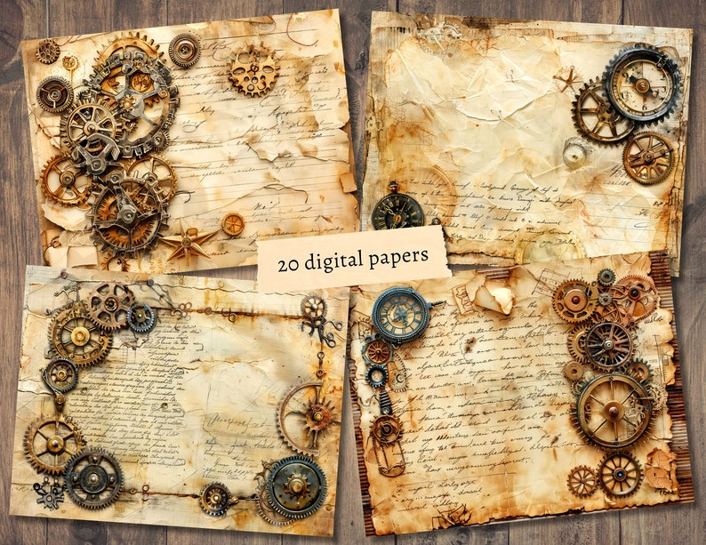 Pu&ograve; includere: Quattro sfondi di carta digitale con tema steampunk con trame di carta vintage e disegni intricati di ingranaggi. Le carte sono in tonalit&agrave; di marrone, beige e crema con testo scritto a mano.