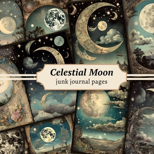 Páginas del diario basura de la luna celestial, kit de papel de álbum de recortes digital, efímera del cielo nocturno vintage, astronomía imprimible, hoja de collage de estrellas místicas
