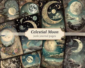 Celestial Moon Junk Journal Pages, Digital Scrapbook Paper Kit, Vintage Night Sky Ephemera, Astronomy Printable, Mystical Star Collage Sheet