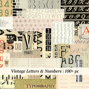 Coisas efêmeras para impressão de letras e números vintage | Mais de 100 unidades | etiquetas digitais para diários indesejados | papel para colagem de álbum de recortes antigo | alfabeto de máquina de escrever