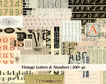 Vintage Letter & Number Printable Ephemera | 100+ pc | digital junk journal labels | antique scrapbook collage paper | typewriter alphabet