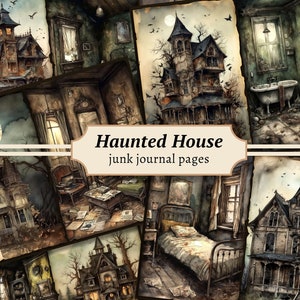 Haunted House Junk Journal-pagina's, digitale plakboekkit, griezelig collagevel, afdrukbare spookachtige Halloween, vintage ephemera, grimoire