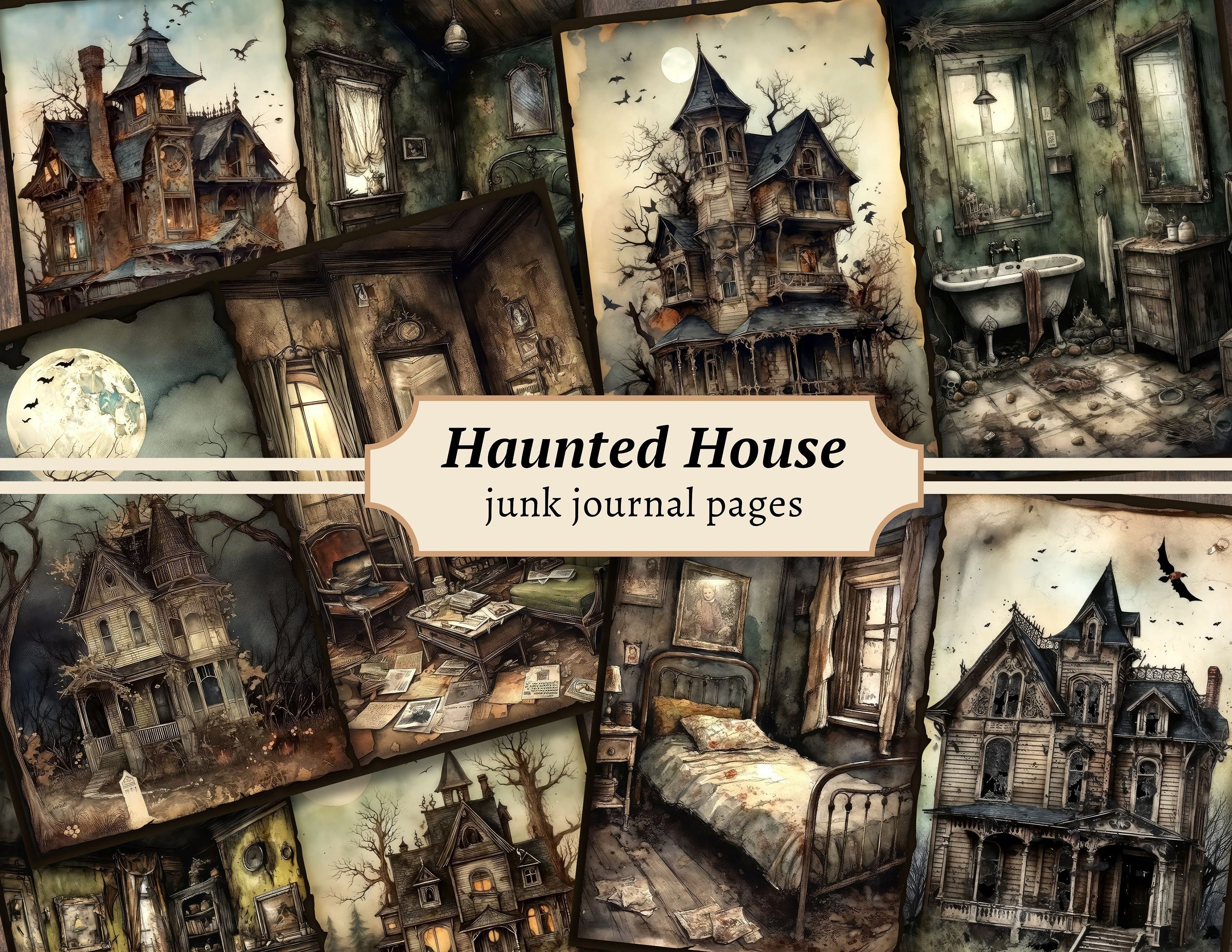 Haunted House Junk Journal Pages, Digital Scrapbook Paper Kit, Creepy ...