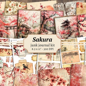 Japan Junk Journal Kit, digitaal plakboek, afdrukbaar kersenbloesem, Aziatische sakurapagina's, oosters collageblad, vintage efemera