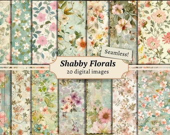Può includere: Un set di 20 immagini digitali con motivi floreali shabby chic in tonalità di rosa, verde e blu. I motivi sono senza cuciture e perfetti per progetti di artigianato.