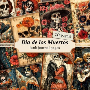 Dia De Los Muertos Junk Journal Pages, kit de papier de scrapbooking numérique, tête de mort imprimable, feuille de collage, téléchargement halloween, éphémères vintage