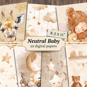 Papeles digitales neutros para bebés, kit de álbumes de recortes, imprimibles bohemios para guardería de recién nacidos, página de diario basura, material efímero para baby shower, hojas para hacer tarjetas