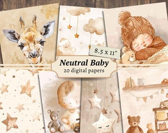 Puede incluir: Un conjunto de 20 papeles digitales con un tema de bebé neutro. Los papeles incluyen ilustraciones de una jirafa, un bebé durmiendo, un bebé con un oso de peluche y estrellas. Los papeles miden 8,5 x 11 pulgadas.