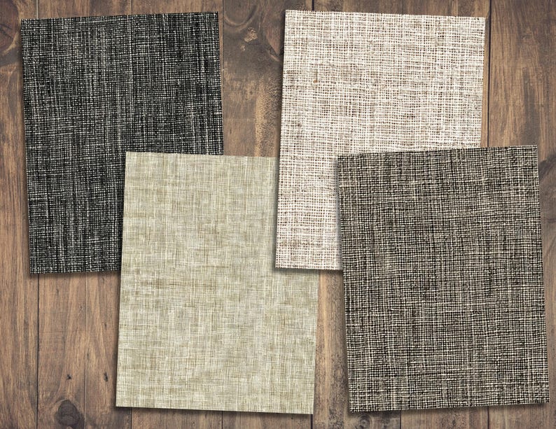 May include: Four different fabric swatches with a woven texture. The swatches are in black, white, beige, and brown.