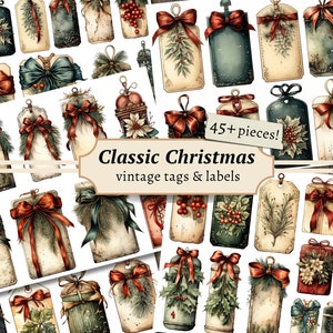 Klassieke kersttags en -labels, afdrukbare ongewenste tijdschriftversieringen, digitaal collagevel, vintage ephemera, plakboekkit, cadeaupapier
