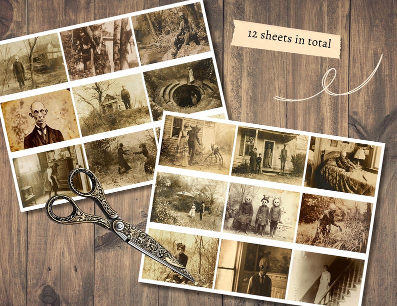 Griezelige foto's, afdrukbare rare ephemera, vintage junkjournal, digitale plakboekkit, griezelig collageblad, grimoire-horror, gotische download afbeelding 5