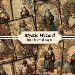 May include: A collage of vintage-style images featuring wizards with long white beards and ornate clothing. The images are set against a background of swirling clouds, stars, and celestial bodies. The text "Mystic Wizard junk journal pages" is displayed at the top of the collage.