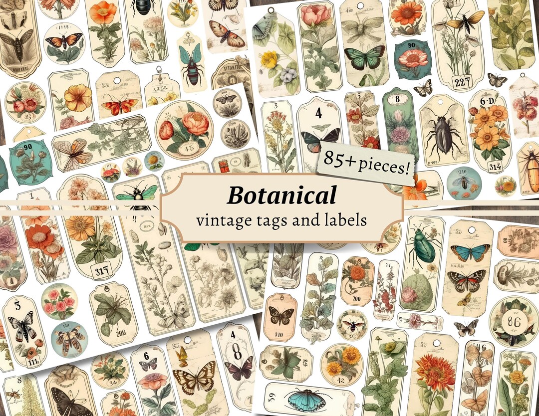 Vintage Botanical Tags & Labels, Printable Junk Journal Embellishments ...