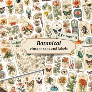 Vintage Botanical Tags & Labels, Printable Junk Journal Embellishments, Flower Collage Sheet, Butterfly Ephemera Kit, Digital Floral Insects