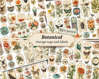 Vintage Botanische Tags & Etiketten, Junk Journal Verzierungen, Blumen Collage Sheet, Schmetterling Ephemera Kit, Digitale Blumen Insekten