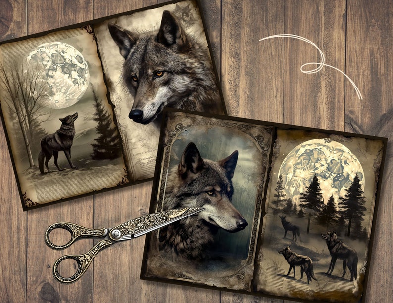 K&ouml;nnte beinhalten: Zwei Buchcover im Vintage-Stil mit Bildern von W&ouml;lfen und einem Vollmond. Das obere Cover zeigt einen Wolf, der zum Mond heult, w&auml;hrend das untere Cover einen Wolfskopf in Nahaufnahme zeigt.