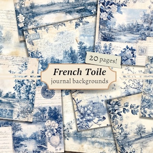 Vintage toile de jouy-achtergronden, blauwe ongewenste dagboekpagina's, digitaal plakboek, Franse toile afdrukbaar, collagevel, vintage kortstondige periode