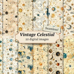 Celestial Digital Papers, Galaxy plakboekachtergronden, afdrukbare dierenriem, naadloze patronen, vintage ongewenste dagboekpagina's, maankaarten maken