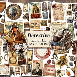 Detective Add On Junk Journal Kit, digitaal plakboek, Mystery Case-bestand afdrukbaar, Victoriaanse pagina's, collageblad, vintage ephemera