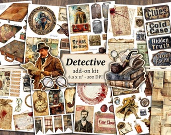 Detective Add On Junk Journal Kit, Digital Scrapbook Paper, Mystery Case File Printable, Victorian Pages, Collage Sheet, Vintage Ephemera