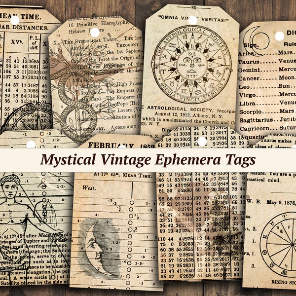 Mystical Vintage Ephemera Tags | digital junk journal paper, printable astrology BOS kit, occult goth collage sheet, celestial scrapbook tag