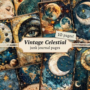 Celestial Junk-dagboekpagina's, digitaal plakboek, Galaxy Paper Kit, Zodiac Mixed Media afdrukbaar, vintage ephemera, collageblad maan en ster
