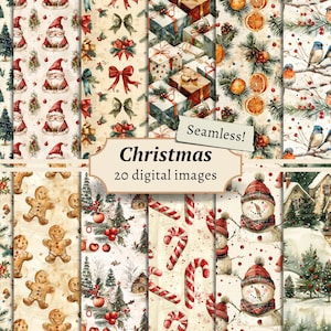 Digitaal kerstpapier, plakboekachtergronden, afdrukbare wintervakanties, naadloze kerstpatronen, vintage junk-dagboekpagina's, kaarten maken
