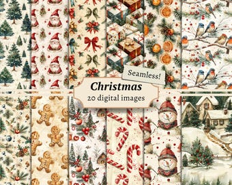 May include: A set of 20 digital seamless Christmas patterns featuring various holiday themes, including Santa Claus, gingerbread men, candy canes, snowmen, and winter scenes. The patterns are in watercolor style and have a vintage feel.