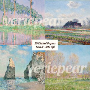 May include: A set of 20 digital papers featuring four different paintings by Claude Monet. The papers are 12x12 inches and 300 dpi. The paintings depict a variety of landscapes, including a river with trees reflected in the water, a field of flowers with a house in the background, a rocky cliff face by the sea, and a grove of trees.