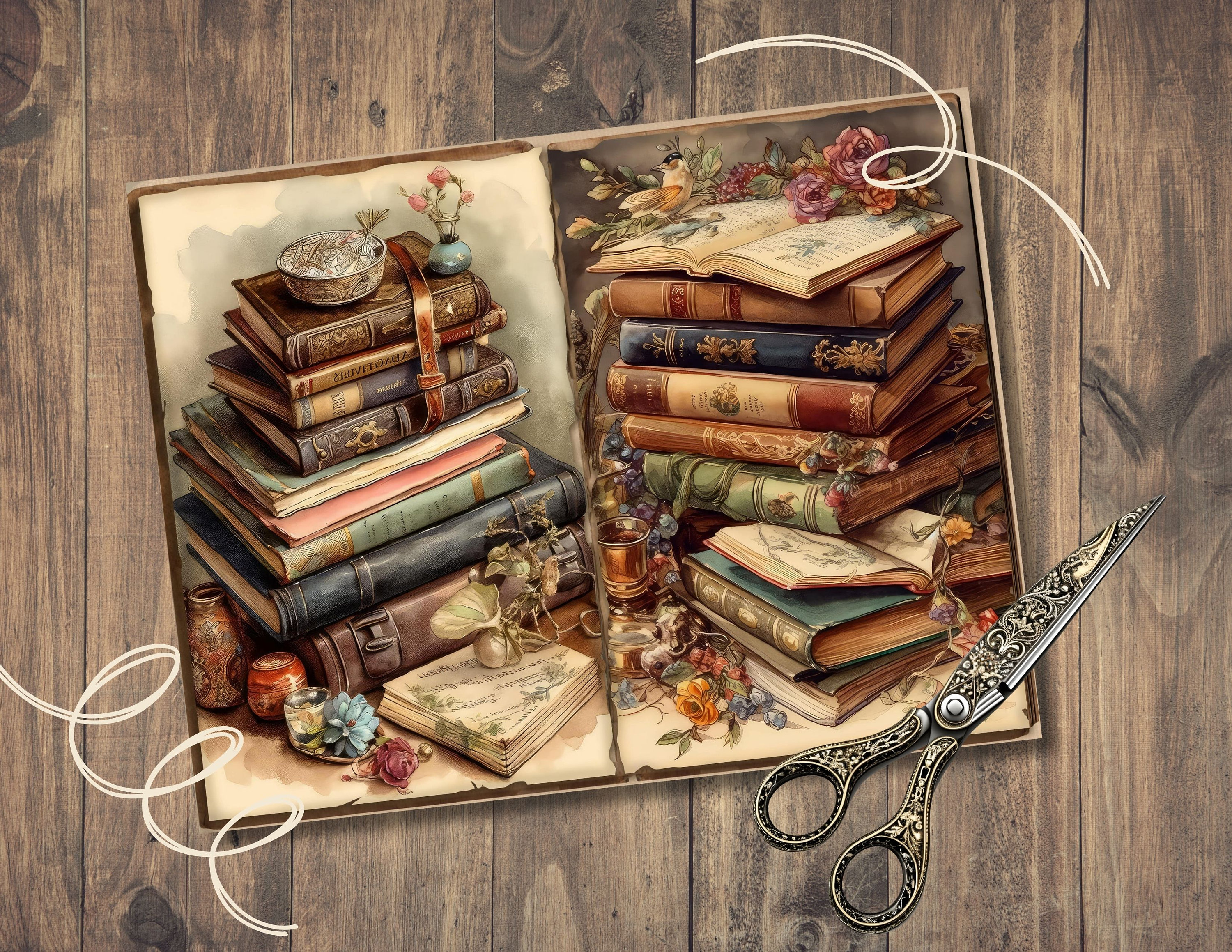 Vintage Books Junk Journal Pages, Digital Scrapbook Paper Kit ...