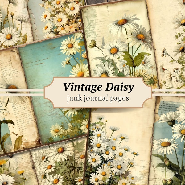 Vintage Daisy Junk Journal Pages, Digital Scrapbook Paper Kit, Floral Printable, Antique Flower Collage Sheet, Shabby Chic Ephemera Download