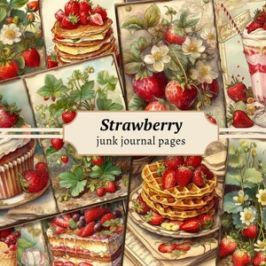 Strawberry Junk-dagboekpagina's, digitaal plakboek, afdrukbaar collageblad, vintage ephemera, zomerfruitpakket, botanische download