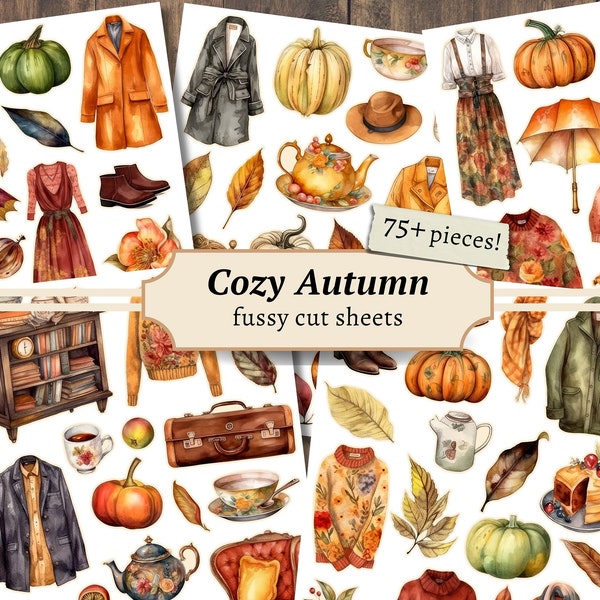 Cozy Autumn Fussy Cuts, Digital Junk Journal Pages, Printable Embellishments, Fall Collage Sheet, Scrapbook Paper Kit, Vintage Fall Ephemera